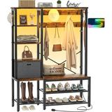 LIHONG Hall Tree with Storage Bench Coat Rack with LED Lights 5-Tier Shelves Fabric Storage Basket Side hooks 71â€™â€™ 5 in 1 Large Sturdy Metal Frame Rustic Brown