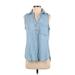 Cloth & Stone Sleeveless Button Down Shirt: Blue Solid Tops - Women's Size Small