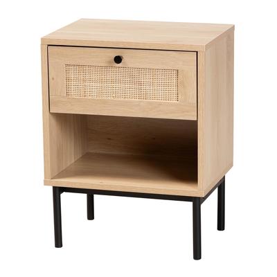 Sherwin Mid-Century Modern Light Brown And Black 1-Drawer End Table With Woven Rattan Accent by Baxton Studio in Light Brown Black