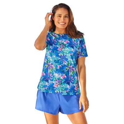 Plus Size Women's Cross-Back Swim Tee by Swim 365 in Blue Watercolor Floral (Size 24)