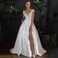 TIXLEAR-Robe de Mariée Sexy en Satin pour Femme Col en V Appliques de Perles Fente Latérale Dos