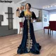 Robe de soirée caftan sirène bleu marine robe de Rhélégante col carré appliques en dentelle