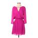 Parker Casual Dress - Mini Plunge 3/4 sleeves: Pink Solid Dresses - Women's Size Small