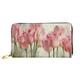 OPSREY Pink Tulips Printed Genuine Leather Wallet Men's and Women's Long Clutch Portable Zip Wallet