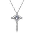 Sterling Silver Genuine or Synthetic Gemstone Heart in Cross Necklace for Women Girls, Metal, Tanzanite,