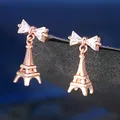 Boucles d'oreilles pendantes de style tour Eiffel pour femme nœud papillon unique cristal or