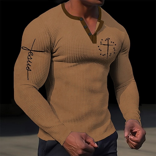 Homme Graphic Croix Jésus Chemise Henley Shirt T-shirt gaufré manche longue 3D effet Design simple Décontractées Sport extérieur Vacances Festival Printemps Automne Noir Blanche Marron Vert Henley