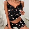 Pyjamas Nuisette Intérieur Lit Femme Satin Respirable Cadeau Sangle Shorts 2 Pièces Mode chaud Gothique Pyjama et veste d'intérieur Col en V Sans Manches Pantalon court Taille elastique Imprimer Et