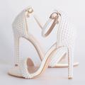 chaussures de mariage pour femmes pour mariée femmes demoiselle d'honneur perle stiletto faux cuir bout ouvert à bretelles talon haut escarpins classiques blanc beige