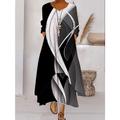 bloc de couleur pour femme longue maxi robe bouton superposé tenue décontractée robe swing robe imprimée mode moderne tous les jours vacances week-end manches 3/4 col ras du cou robe coupe ample argent noir blanc