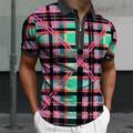 Tartan Homme Sous-culturel 3D Imprimer POLO Polo zippé Soirée Plein Air Vacances Polo piqué Manche Courte Col rabattu Zip Polos Jaune Rose Claire Eté S M L Micro-élastique Polo à revers