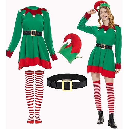 Robe De Noël Fantaisie Costumes de père noël Costumes de cosplay Elfe Noël Déguisement Cosplay pour Femmes Adulte Noël Mascarade Soirée Noël Robe Ceinture Chaussettes Chapeau