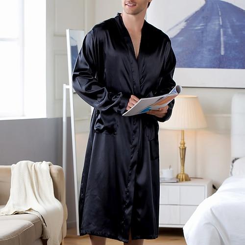 Homme robe Robe de soie robe de chambre Vêtements de nuit 1 pc Couleur monochrome Mode Confort Flexible Intérieur Lit Fausse Soie Polyester Respirable Col en V manche longue Basique Automne Printemps