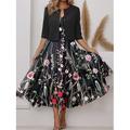 Femme Ensemble Robe Deux Pièces Robe casual Robe de Mousseline Robe Évasée Fin de semaine Elégant Imprimer Robe mi-longue Col V Demi Manches Floral Standard Noir Bleu Printemps S M L XL XXL