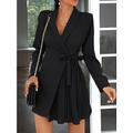 Femme robe soirée robe cocktail Robe de travail Lacet Plissé Col de Chemise manche longue Mini robe Formel robe hiver Noir Kaki Printemps Hiver