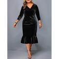 Grande Taille Courbe Robe velours robe soirée Robe d'hiver Femme Robe mi-longue Plein manche longue Col V Elégant Soirée Noir Vin Violet Printemps Automne L XL XXL 3XL 4XL