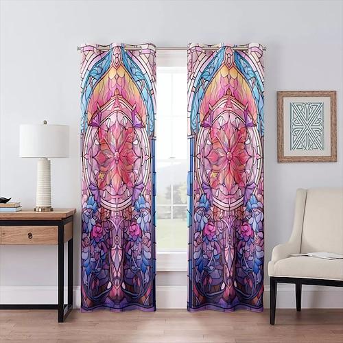 2 panneaux 100 % rideaux occultants à motif de vitrail pour salon, chambre à coucher, cuisine, traitements de fenêtre, isolation thermique, obscurcissement de la pièce