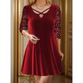 Mini robe Femme Robe velours manche longue Automne Hiver - Mode Soirée Mature Paillettes Brillant Découpé Rayé Col V Noël Anniversaire Vacances velvet Vin S M L XL XXL 3XL