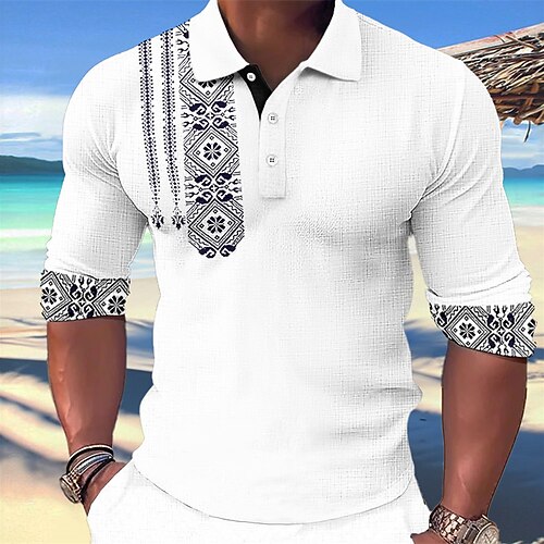 Homme Tribal Polos Hawaïens Chemise de golf manche longue Polos Chemises à Col ancien Occasionnel Tenue de plage Vêtements de vacances Vêtements tropicaux Tenues de fête Impression 3D Boutons Bleu