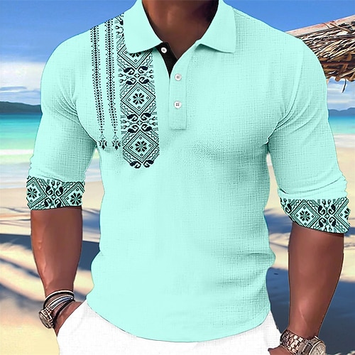Homme Tribal Polos Hawaïens Chemise de golf manche longue Polos Chemises à Col ancien Occasionnel Tenue de plage Vêtements de vacances Vêtements tropicaux Tenues de fête Impression 3D Boutons Bleu