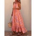 robe boheme Robes bohème chic Femme Robe longue maxi Feuille Bohême Décontractées du quotidien Vacances A Volants Dos Nu Sans Manches Dos nu Robe Standard Orange Eté Printemps S M L XL