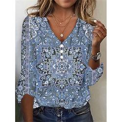 Femme T shirt Chemise Henley Shirt Floral Rétro Vintage Ethnique du quotidien basique Manches 3/4 Col V Hauts réguliers Vacances Fin de semaine Boutons Imprimer Rouge Violet Vert Kaki Gris Automne