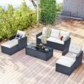 Supfirm 6-piece All-Weather Wicker PE rattan Patio Outdoor Dining Conversation Sectional Set with coffee table wicker sofas ottomans removable cushions (Black wicker Beige cushion)