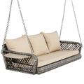 Haverchair 3-Seats Wicker Porch Swing Hanging Bench Chair Outdoor Gray Rattan Patio Swing Lounge with Cushions for Garden Balcony Deck