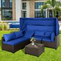 Magic Union 6 Pieces Patio Furniture Set Outdoor Conversation Set Daybed with Retractable Canopy Patio Sectional Rattan Sofa Set with Adjustable Backrest and Coffee Table for Poolside Backyard Blue