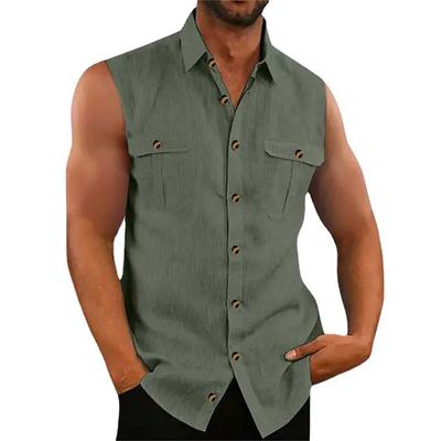 Men's Shirt Summer Shirt Casual Shirt Beach Shirt Button Up Shirt Black Blue Purple Green Sleeveless Plain Lapel Vacation Hawaiian Pocket Clothing Apparel Cotton Polyester Fashion Casual Comfortable