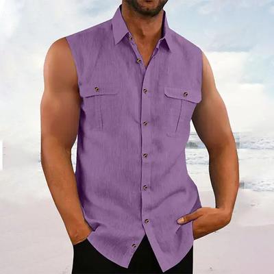 Men's Shirt Summer Shirt Casual Shirt Beach Shirt Button Up Shirt Black Blue Purple Green Sleeveless Plain Lapel Vacation Hawaiian Pocket Clothing Apparel Cotton Polyester Fashion Casual Comfortable
