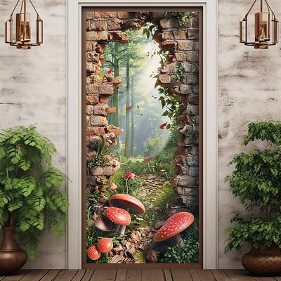 Broken Wall Mushrooms Door Covers Mural Decor Door Tapestry Door Curtain Decoration Backdrop Door Banner Removable for Front Door Indoor Outdoor Home Room Decoration Farmhouse Decor Supplies