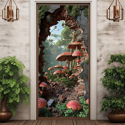 Broken Wall Mushrooms Door Covers Mural Decor Door Tapestry Door Curtain Decoration Backdrop Door Banner Removable for Front Door Indoor Outdoor Home Room Decoration Farmhouse Decor Supplies