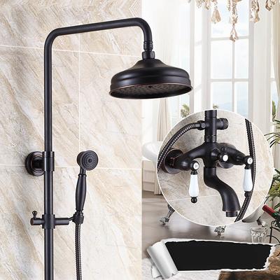 Antique Shower System Faucet Combo Set, 8 Rainfall Shower Head Kit with Handshower Wall Mounted, Brass Copper Black Electroplated Finish Vintage Style 2 Handles 3 Hole Bath Mixer Taps with Bodysprays