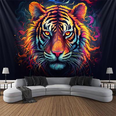 Blacklight Tapestry UV Reactive Glow in the Dark Glow Party Neon Tiger Animal Psychedelic Trippy Misty Hanging Tapestry Wall Art Mural for Living Room Bedroom