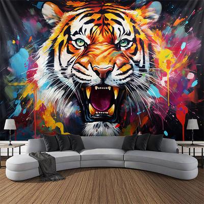 Blacklight Tapestry UV Reactive Glow in the Dark Glow Party Neon Tiger Animal Psychedelic Trippy Misty Hanging Tapestry Wall Art Mural for Living Room Bedroom