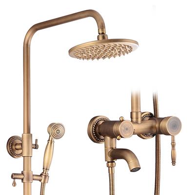 Shower System Faucet Set 8 Showerhead Golden, Rainfall Vintage Style Combo Kit with Handheld Handshower Wall Mounted, Country Antique Brass Mount Outside Ceramic Valve Bath Shower Mixer Taps