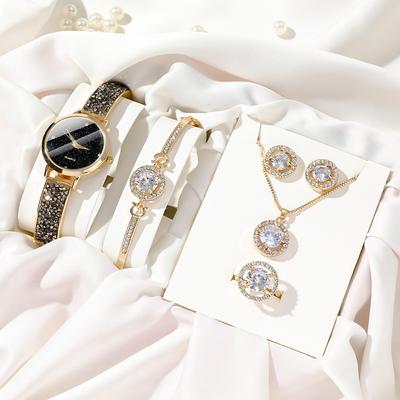 6pcs/set Women's Watch Luxury Rhinestone Quartz Watch Vintage Star Analog Wrist Watch Jewelry Set, Gift For Mom Her