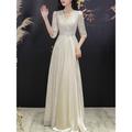 A-Line Mother of the Bride Dress Wedding Guest Elegant Sparkle Shine Petite V Neck Sweep / Brush Train Sequined Half Sleeve with Pleats Crystal Brooch 2024