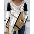 Women's Shirt Blouse Color Block Casual Lace Patchwork Print Red Long Sleeve Fashion Round Neck Spring Fall