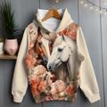 Girls' 3D Floral Horse Hoodie Pullover Long Sleeve 3D Print Spring Fall Active Fashion Cute Polyester Kids 3-12 Years Hooded Outdoor Casual Daily Regular Fit