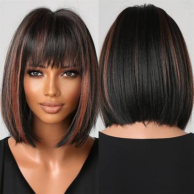 Brown Blonde Ombre Bob Wigs for Women Cosplay Wig with Bangs Dark Roots Gray Natural Hair Synthetic Wig barbiecore Wigs