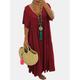 Women's Cotton Linen Maxi Dress V Neck Ruched Sleeves Summer Navy Blue Orange Wine 2024 Spring