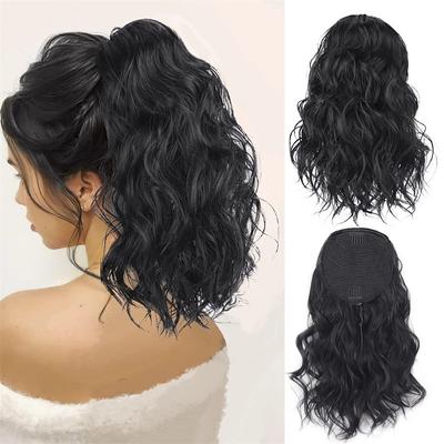 Grey Ponytail Extension for Women 14 Inch Short Curly Wavy Drawstring Ponytail Synthetic Clip in Ponytail Hair Extensions