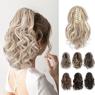 Ponytail Extension Claw Clip in Ponytail Hair Extensions 10 Inch Short Curly Ponytail Natural Wavy Synthetic Hairpiece for Women Daily Use - Chestnut Brown with Beach Blonde Highlights