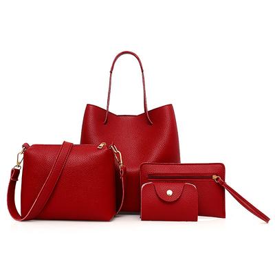 Women's Bag Set PU Leather 4 Pieces Purse Set Embossed Solid Color Shopping Date White Black Pink Red