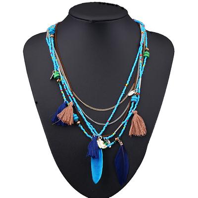 CARNIVAL Bohemian Multi layered Necklace Handmade Beaded Feather Fringe Sweater Chain Resin Rice Beads Tourism Jewelry