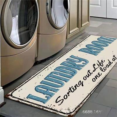 Laundry Bath Mat Non-slip Runner Non Skid Machine Washable Area Rugs Laundry Decor for Kitchen, Bath, Washroom Blue White