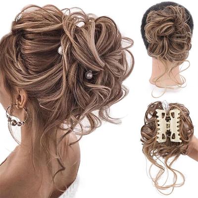 Messy Bun Curly Wavy Synthetic Hair Scrunchies Extension Hairpieces for Women Bun Wig Claw in Bun Messy Chignons Hair Extensions(12H24#Light Golden Brown Mix Golden Brown)