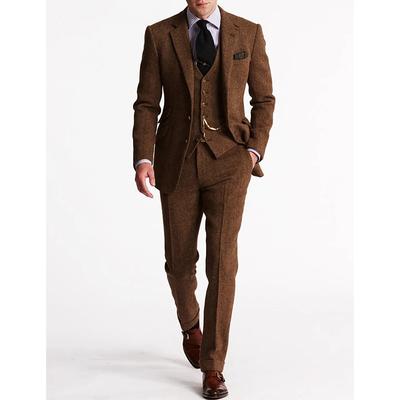 Men's Tweed Herringbone Suits 3 Piece Vintage Retro Plus Size Solid Colored Tailored Fit Single Breasted Two-buttons Brown Burgundy Dark Navy Green Fall/Winter